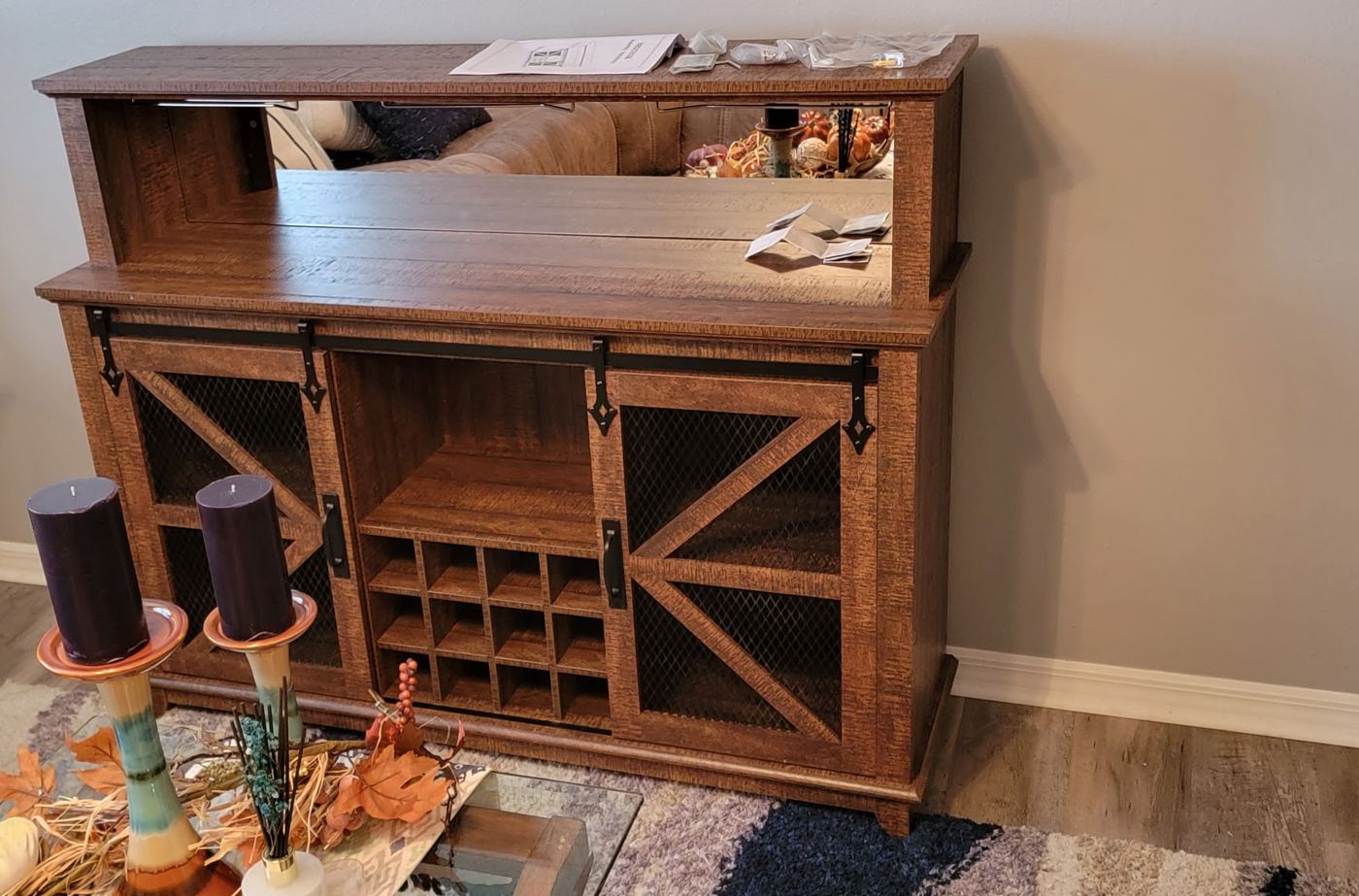 Assembled wood bar cabinet with sliding barn doors