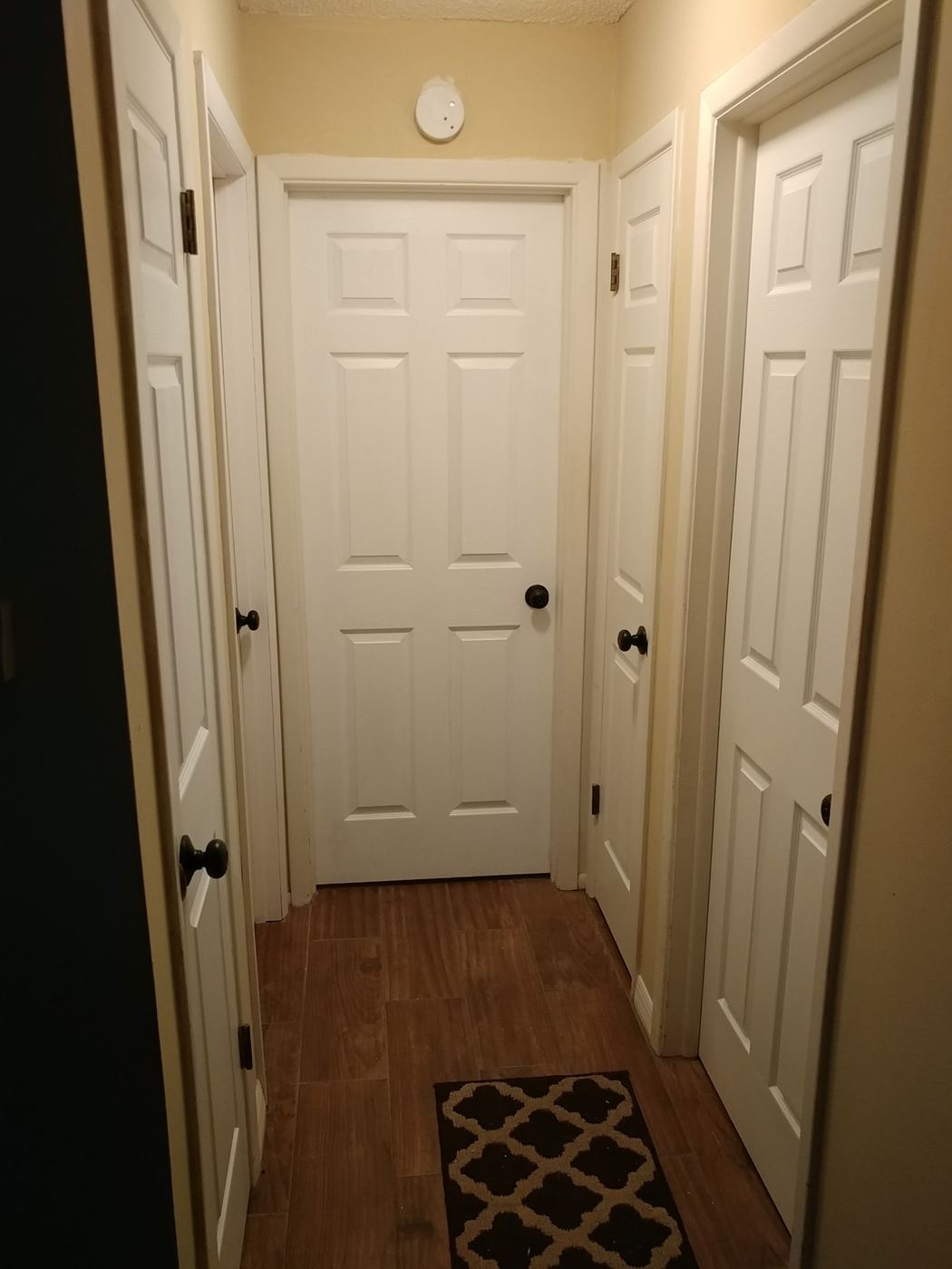 Hallway with white six-panel interior doors and bronze knobs